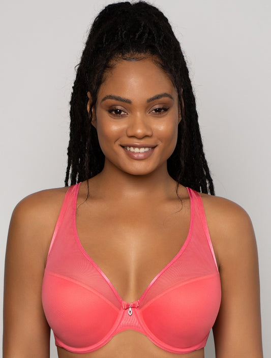 Sheer Mesh Plunge T-Shirt Bra in Sunkissed Coral