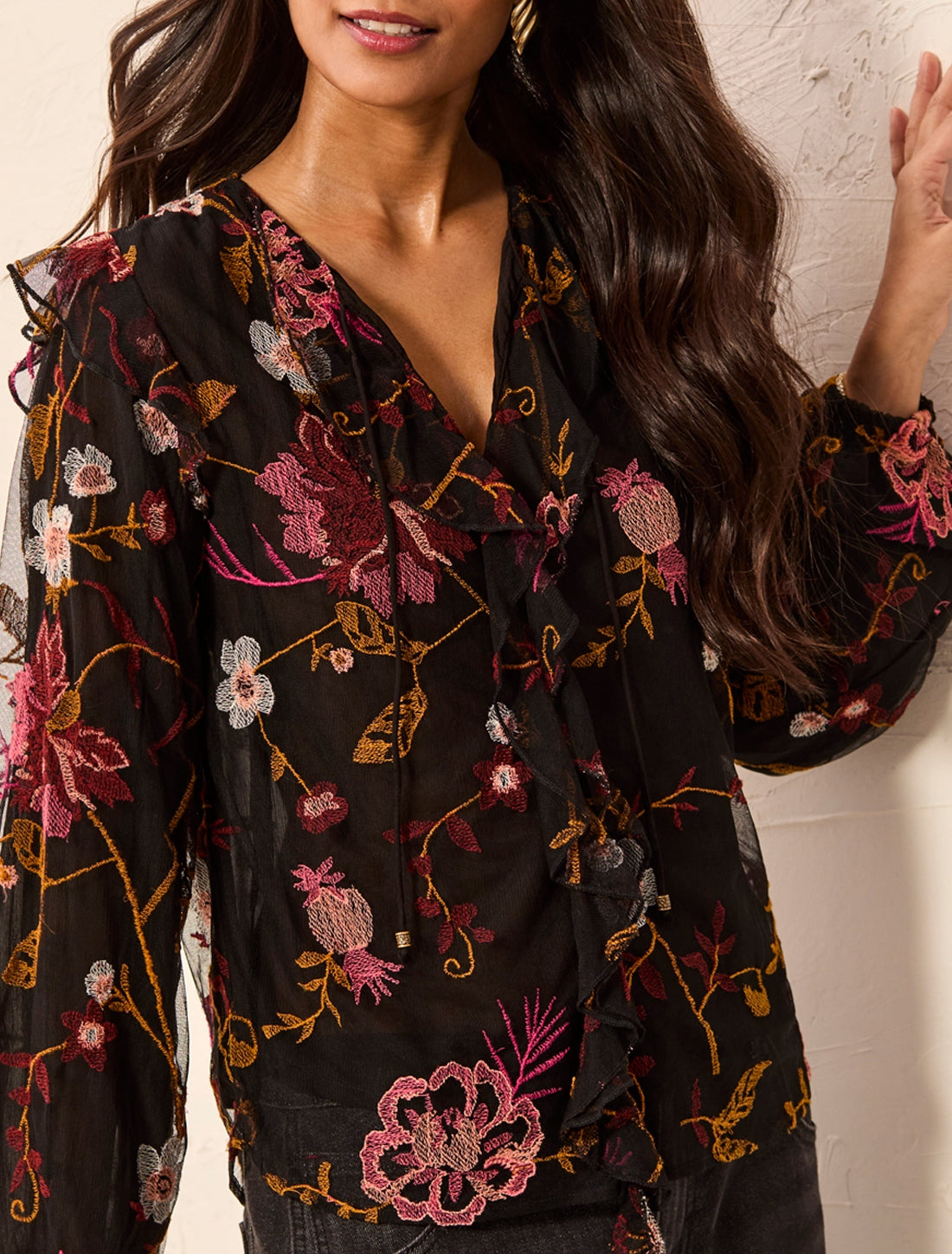 Long Sleeve Lined Embroidered Blouse with Frill Detail