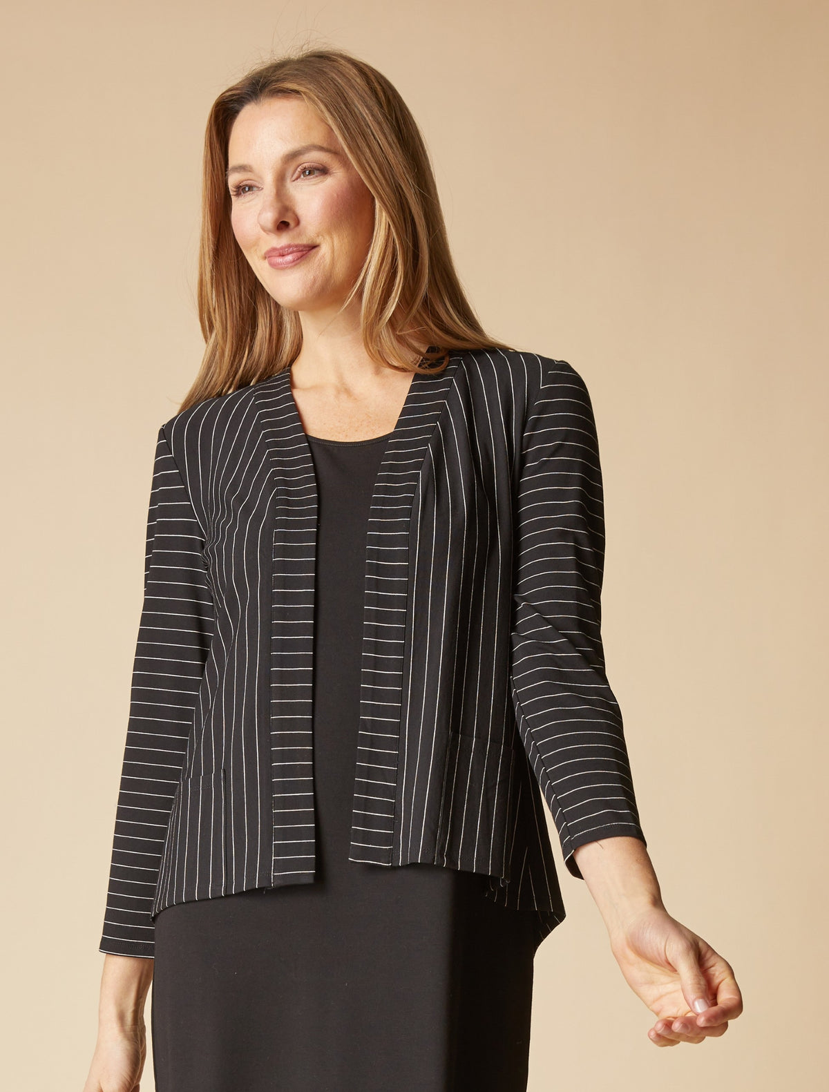 Travel Knit Striped Open Front Jacket