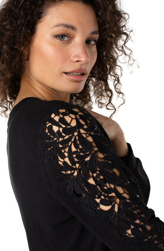 Long Sleeve Crew Neck Lace Inset Knit Top