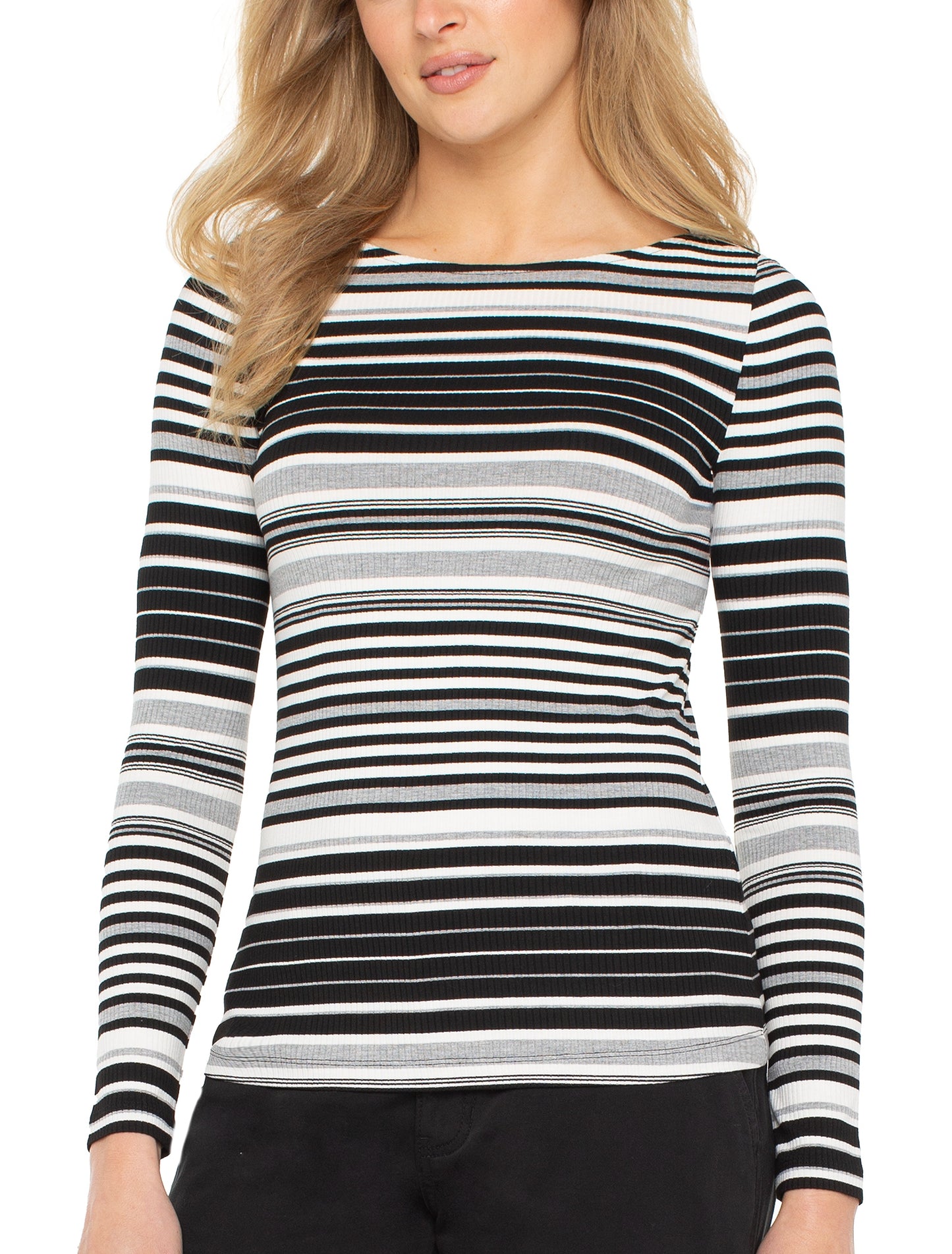 Long Sleeve Boat Neck Striped Knit Top