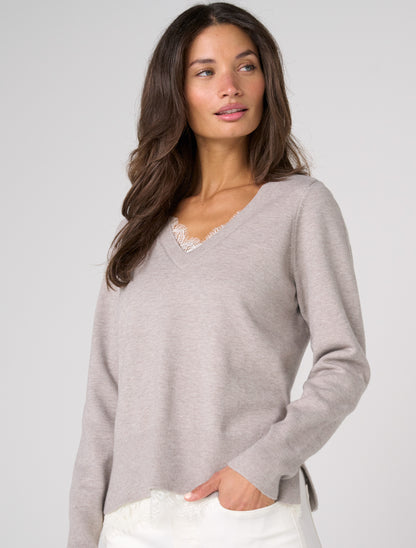 Long Sleeve V-Neck Sweater with Lace