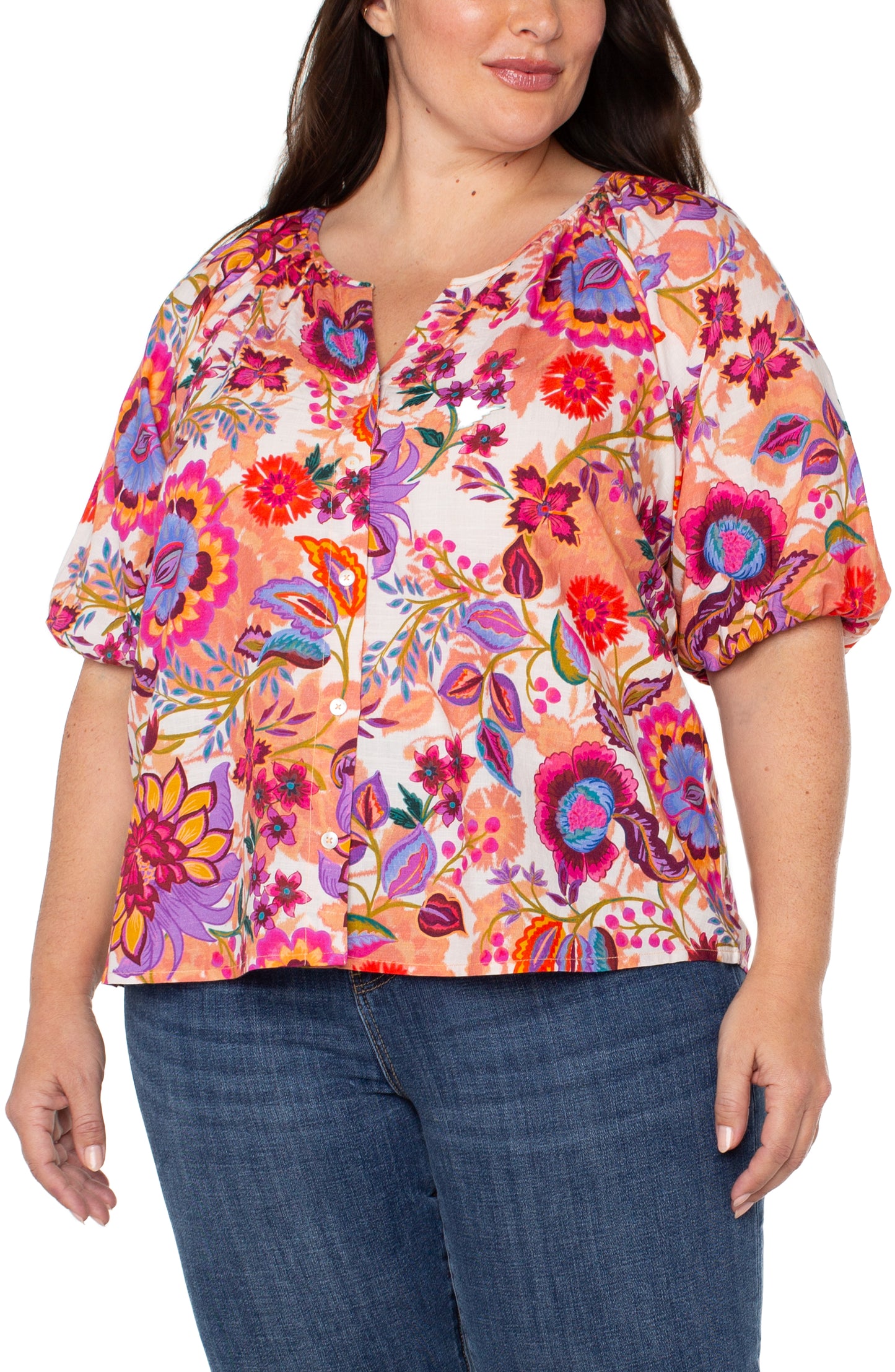 Short Sleeve Button Front Floral Blouse