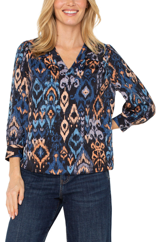 3/4 Sleeve V-Neck Popover Woven Blouse